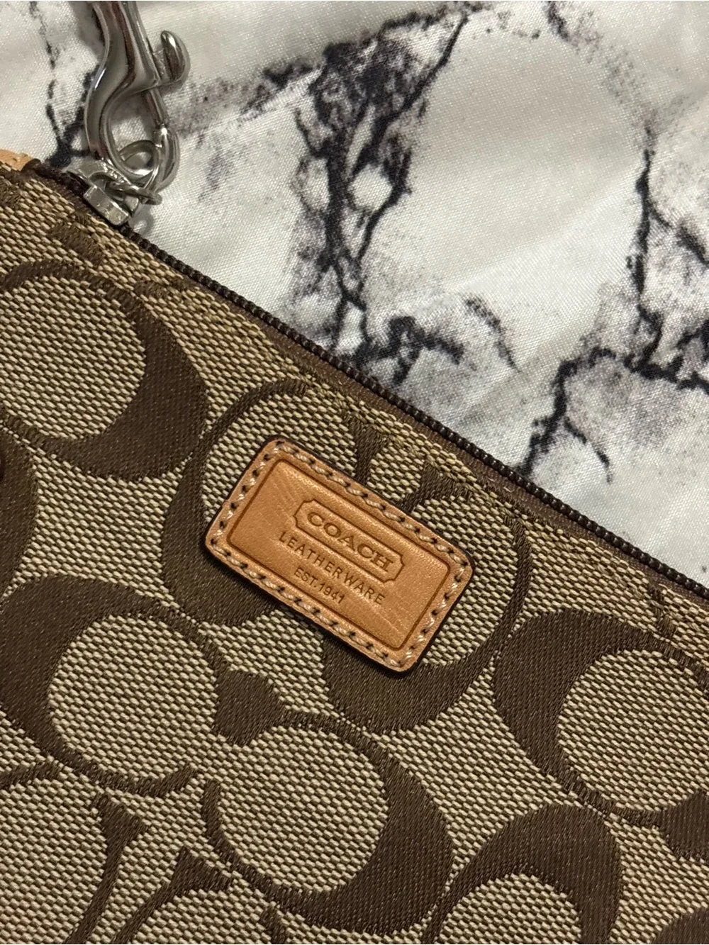 Coach Brown Signature Canvas Wristlet with Tan Leather Trim